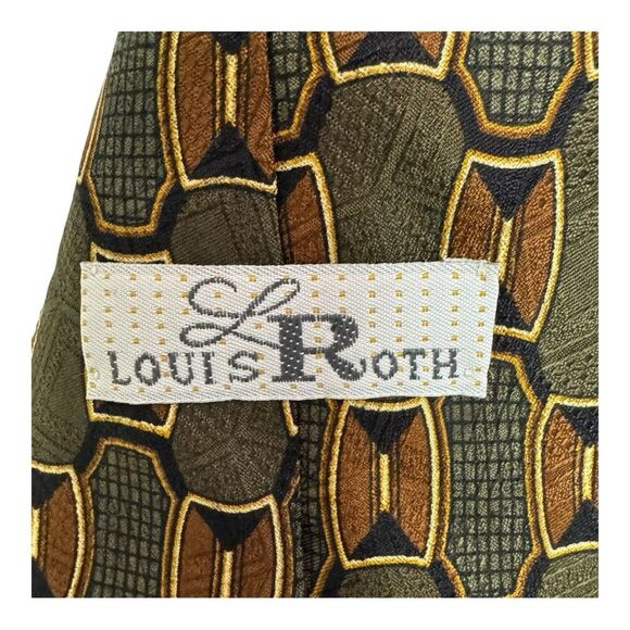 Geometric Necktie Olive Green Brown Patterned Business Casual Men's Tie - Picture 4 of 6